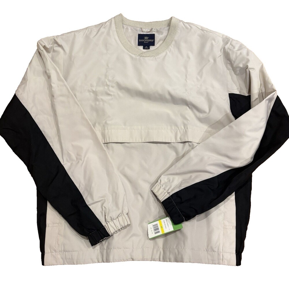Dockers Golf Windbreaker Men's Medium Tan Black Pullover Pockets Lined Logo NWT